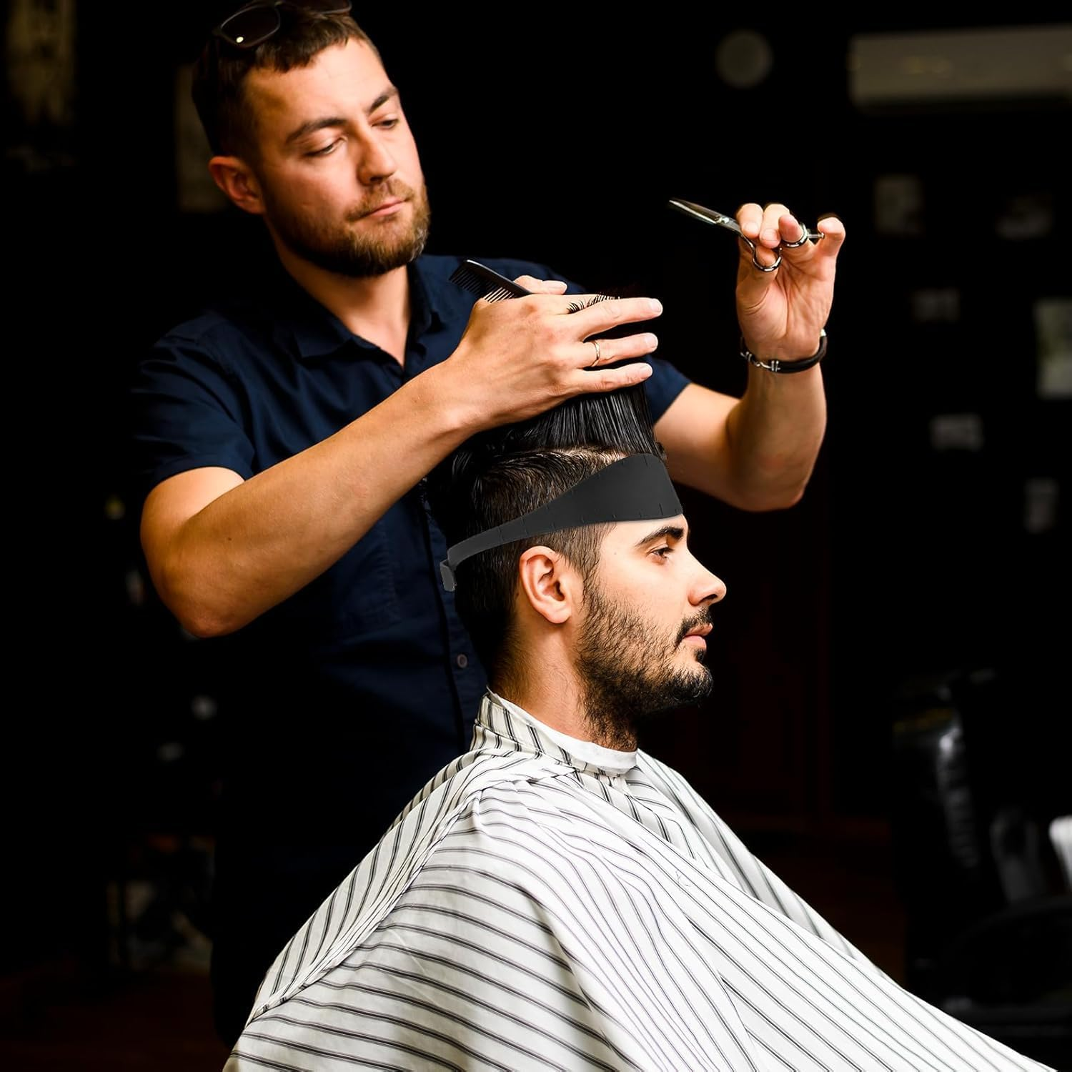 Curved Soft Silicone Haircut Band Haircut Guide, 2Pcs Adjustable Haircut Guide Curved Silicone Haircut Band,Curved Silicone Haircut Bands, Hair Trimming Guide Band,Silicone Curved Haircut Band (Black+Blue) image number 5