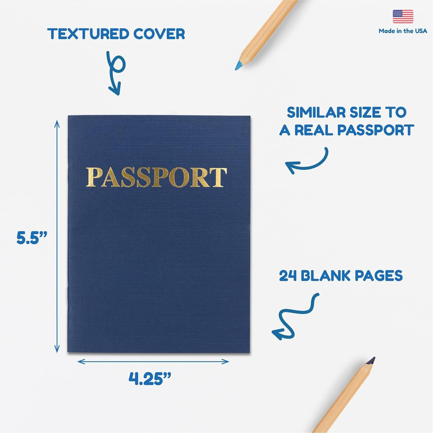 Hygloss 10 Blank Passport Books - 4.25 X 5.5-Inch - Fake Blue Passports - Travel Journal - Fun Pretend Activity for Kids - Classroom and Party Favors - Imaginary Travel - 24 Blank Pages - 10 Books image number 5