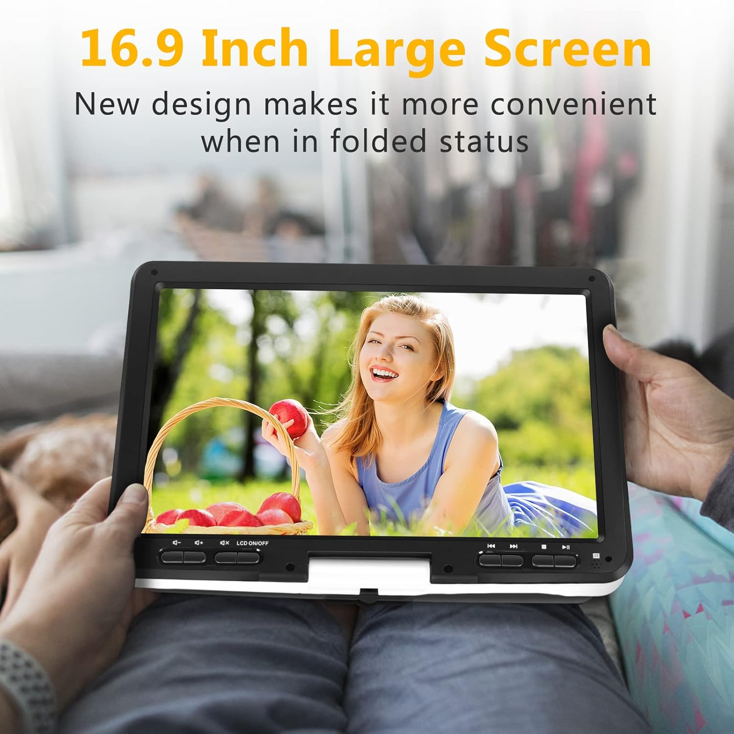 Hothat 16.9'' Portable DVD Player with 6 Hrs Battery, 14.1'' HD Swivel Screen DVD Player Portable, New Screen Button Design, High Volume Speakers, Support Sync Tv/Region Free/Multiple Discs, White image number 5