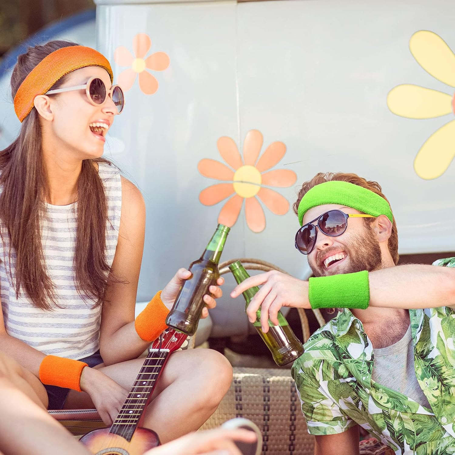 24 Pieces 80S Neon Sweatbands Set, Include 8 Sports Headbands and 16 Sweat Wristbands Elastic Athletic Tennis Sweat Bands Bulk for Man Woman image number 1