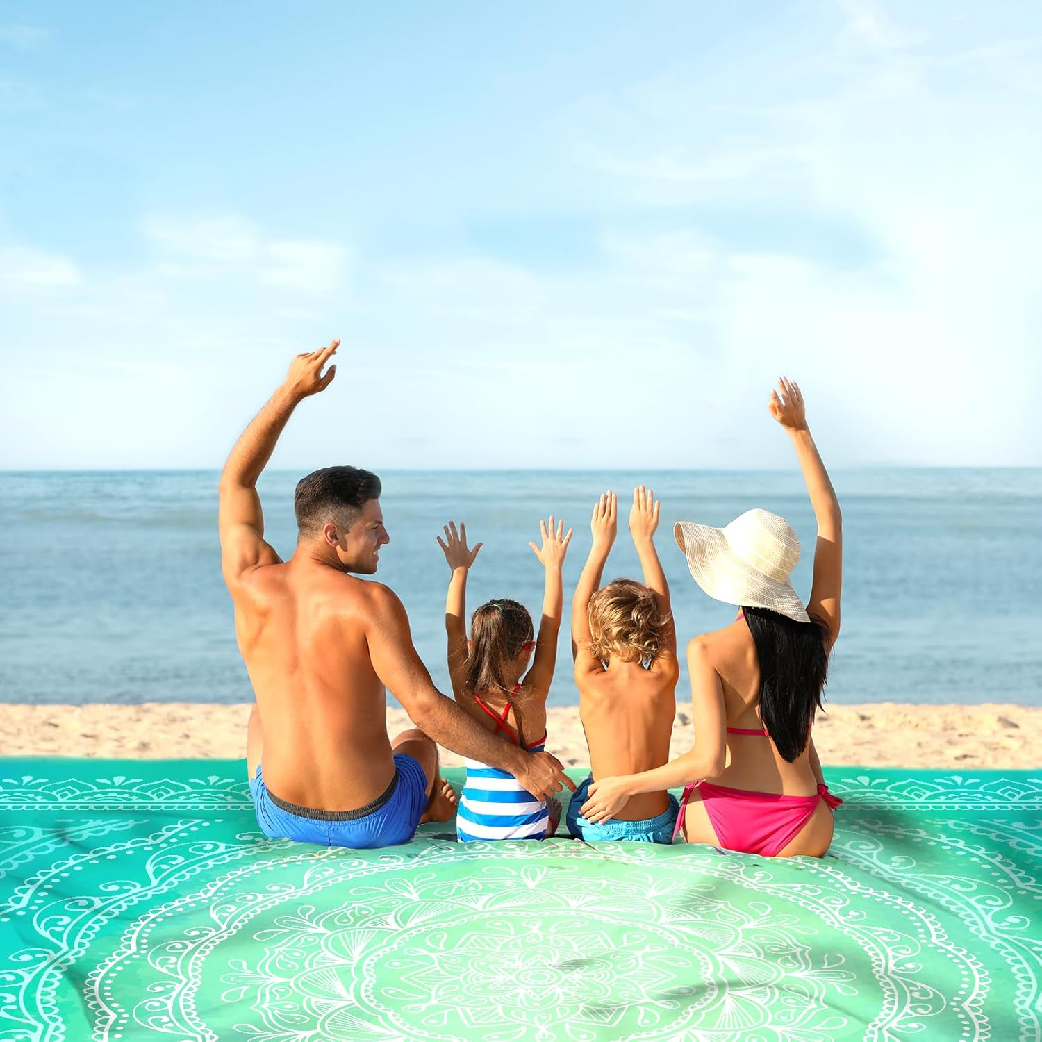 Sunlit 10'X9' Extra Large Boho Sand Proof Beach Blanket, Sand Proof Mat with Corner Pockets and Mesh Bag for Beach Party, Travel, Camping and Outdoor Music Festival, Bright Turquoise Mandala