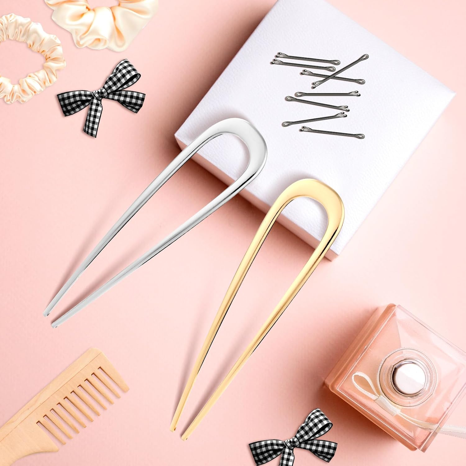 Pack of 2 French Metal Hair Pins for Thick Hair, U Shaped Hair Pins Hair Sticks Hair Forks for All Hair Types of Women and Girls Styling Hair Styling Aid Accessories Gold & Silver image number 2