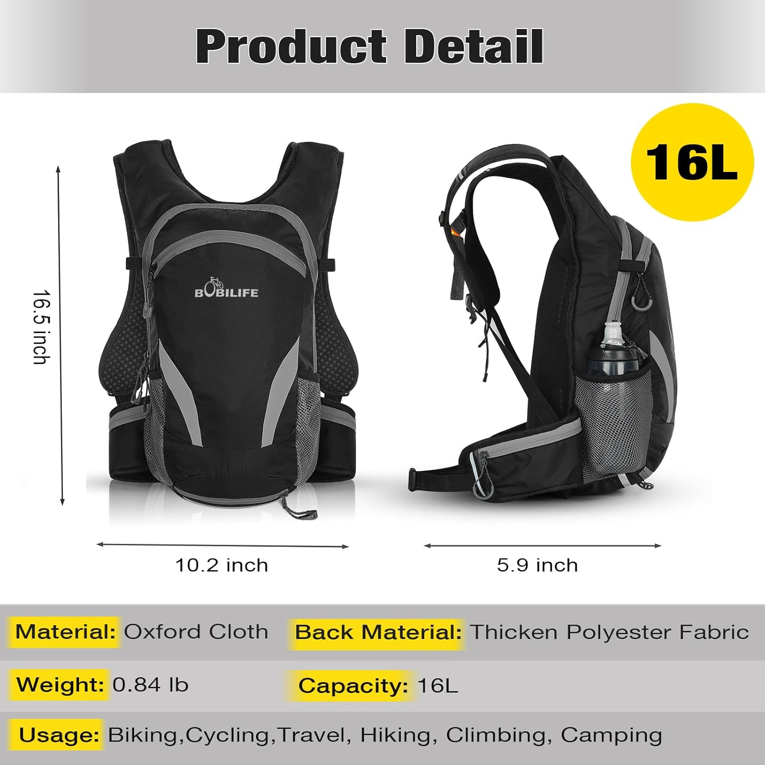 BOBILIFE Cycling Backpack, Water Resistant, Lightweight with Helmet Mesh Holder, Black, 16L image number 2
