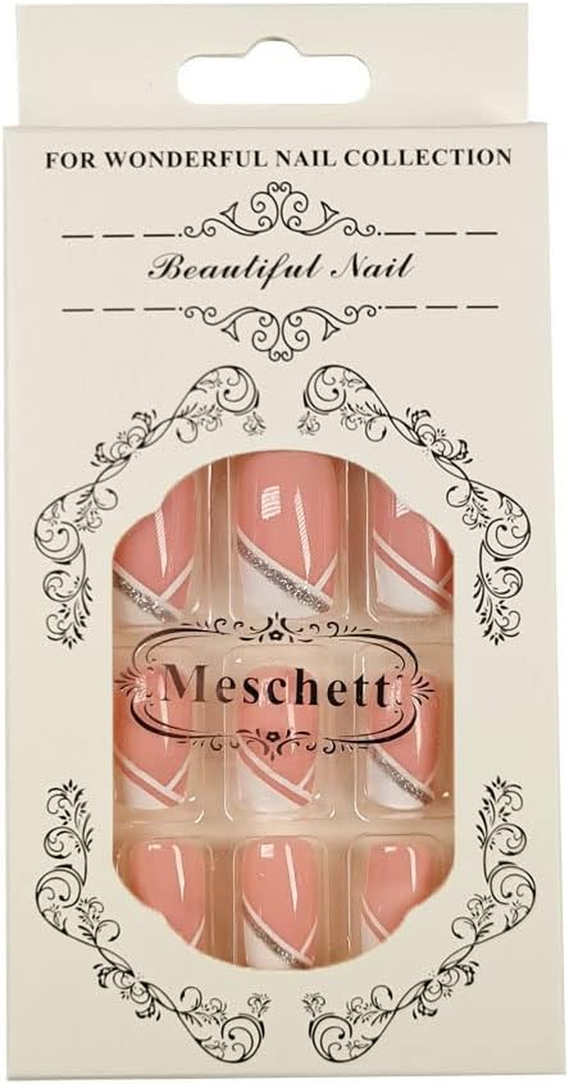 French Short Press on Nails,Pink Hypotenuse Full Cover Artificial Square False Nails for Women Girls Gift on Party(24Pcs) image number 4