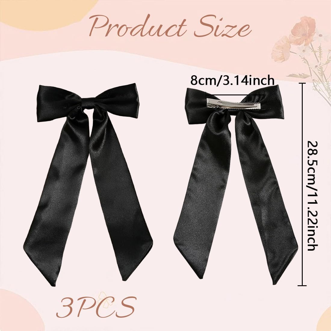 XUZOPIM Women'S Hair Bow, Pack of 3 Hair Clips, Chiffon Satin Ribbon Bow Hair, French Hair Bows Girls, Metal Bow Knot Clips Hair Accessories, Hair Pin for Women Girls, Red Black Apricot image number 2