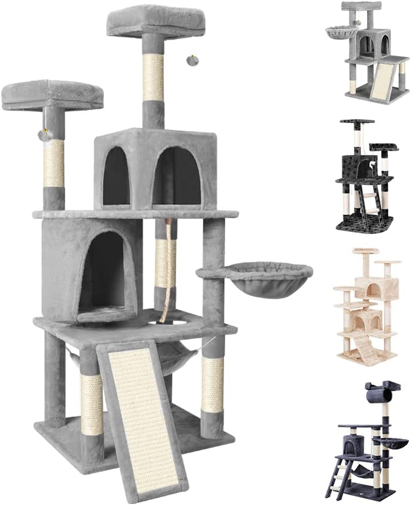 BEASTIE Cat Tree 161Cm Multi-Level Tower with Scratching Post Scratcher, Sisal-Covered Cat Tower with Plush Perch, Cat Condo Play House Wood Furniture for Kitten Climbing & Rest(Light Grey) image number 6