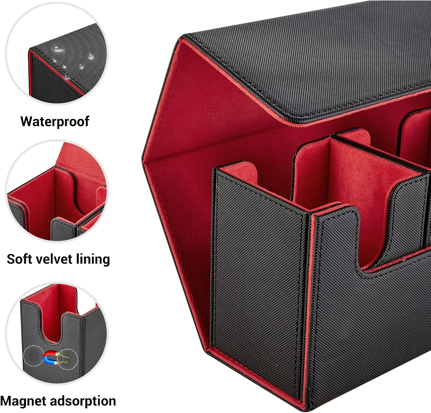 Card Deck Box for MTG, 5 in 1 Commander Deck Box Magic the Gathering Deck Box Trading Card Deck Storage Box Holding 400+ Unsleeved Cards Strong Magnet Yugioh Deck Box (Black and Red) - Black Grey 3 image number 6