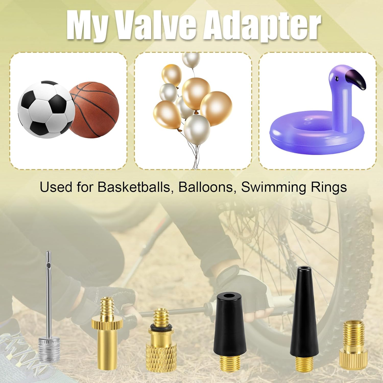 NQEUEPN 9Pcs Bicycle Valve Adapter Set, Brass Bike Tire Valve Adapter with Ball Pump Needles Inflation Nozzle Air Inflator Adaptor Bike Pump Tool for Presta Schrader Bikes Sports Balls