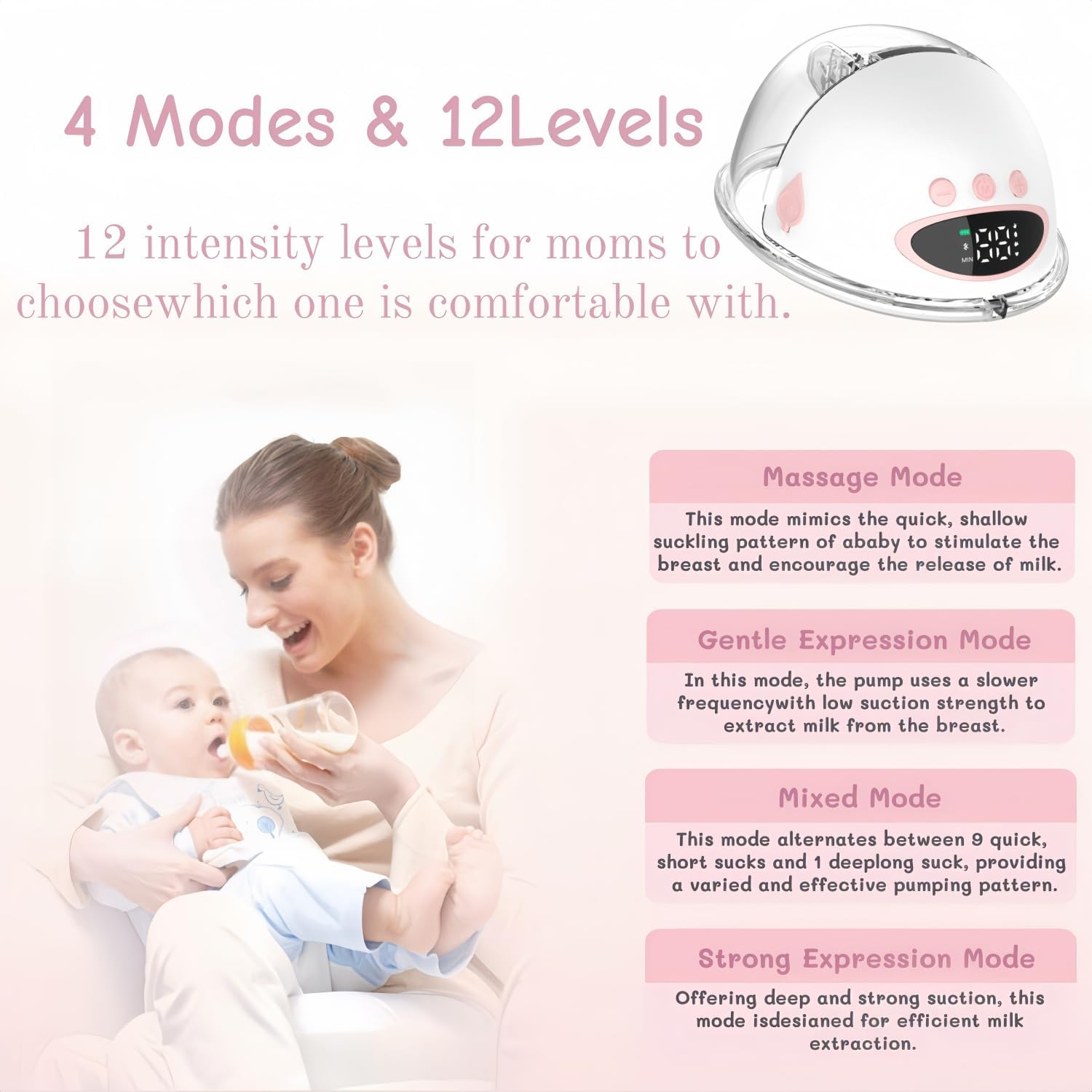 Wearable Breast Pump，Electric Breast Pump Wearable with 4 Modes 12 Levels,Leakproof Discreet Hands Free Pump,With a Body Capacity of 160Ml(White) image number 4
