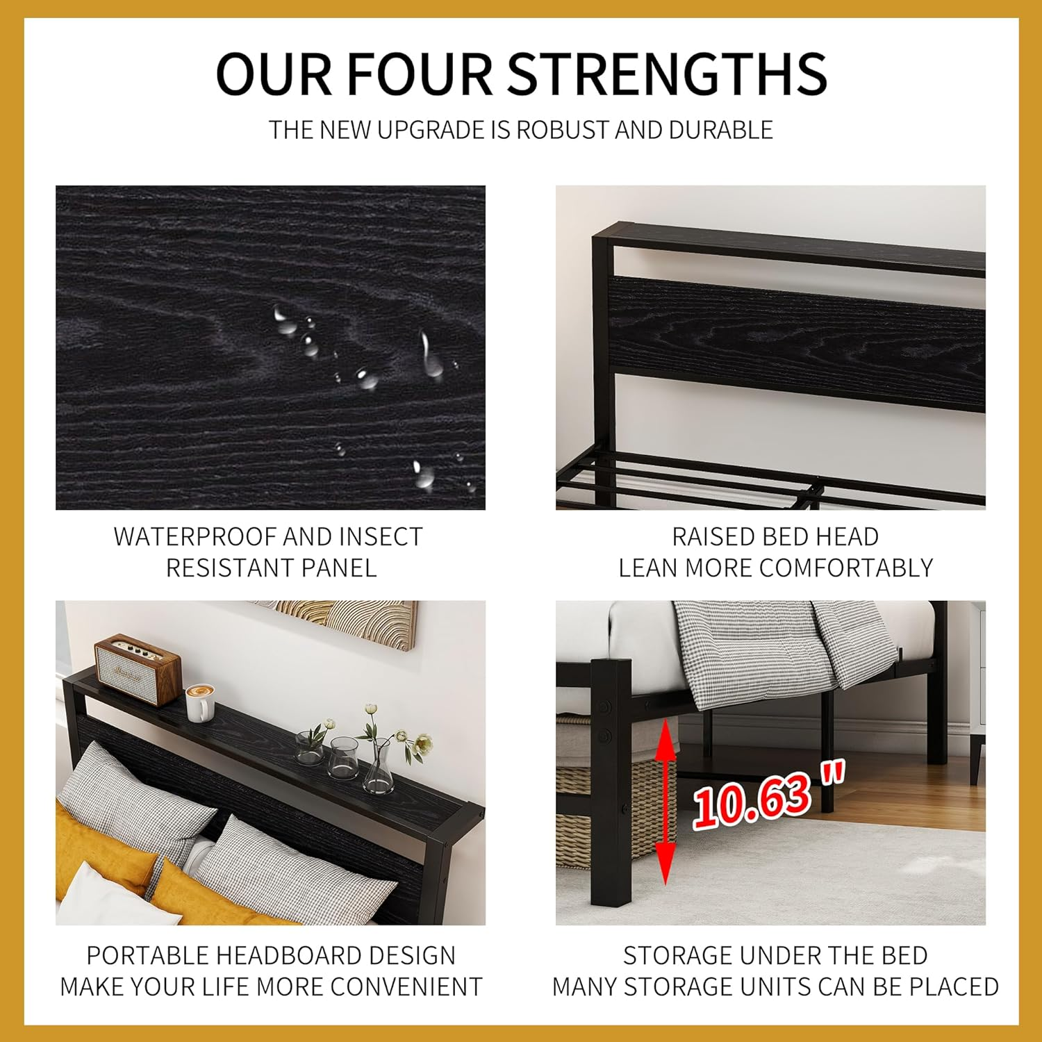 Double Size Metal Platform Bed Frame with Storage Headboard, Bed Frame Double Size No Box Spring Needed, Sturdy Steel Slat, Easy Assembly, Non-Slip Noise Free, Black