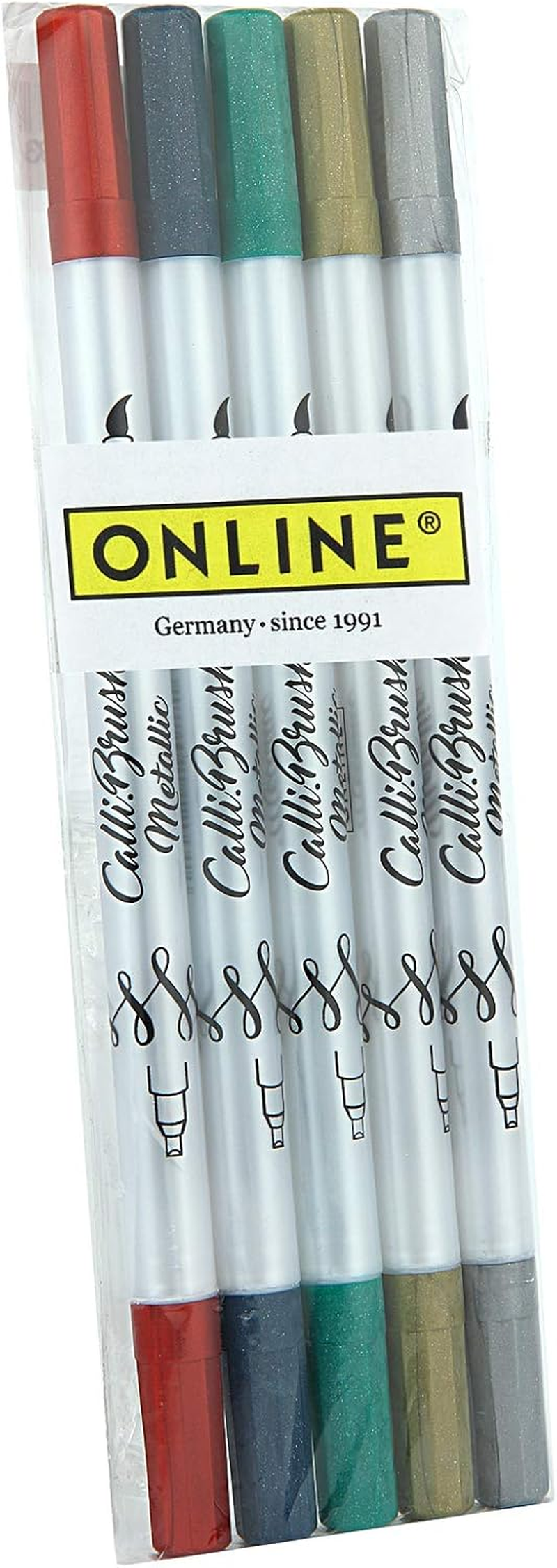 Metallic Brush Pens I Calligraphy Markers - Double Tip with Calligraphy Nib and Brush, Set with 5 for Many Surfaces - Online Calli.Brush in Gift Box - DIY I Handlettering I Painting
