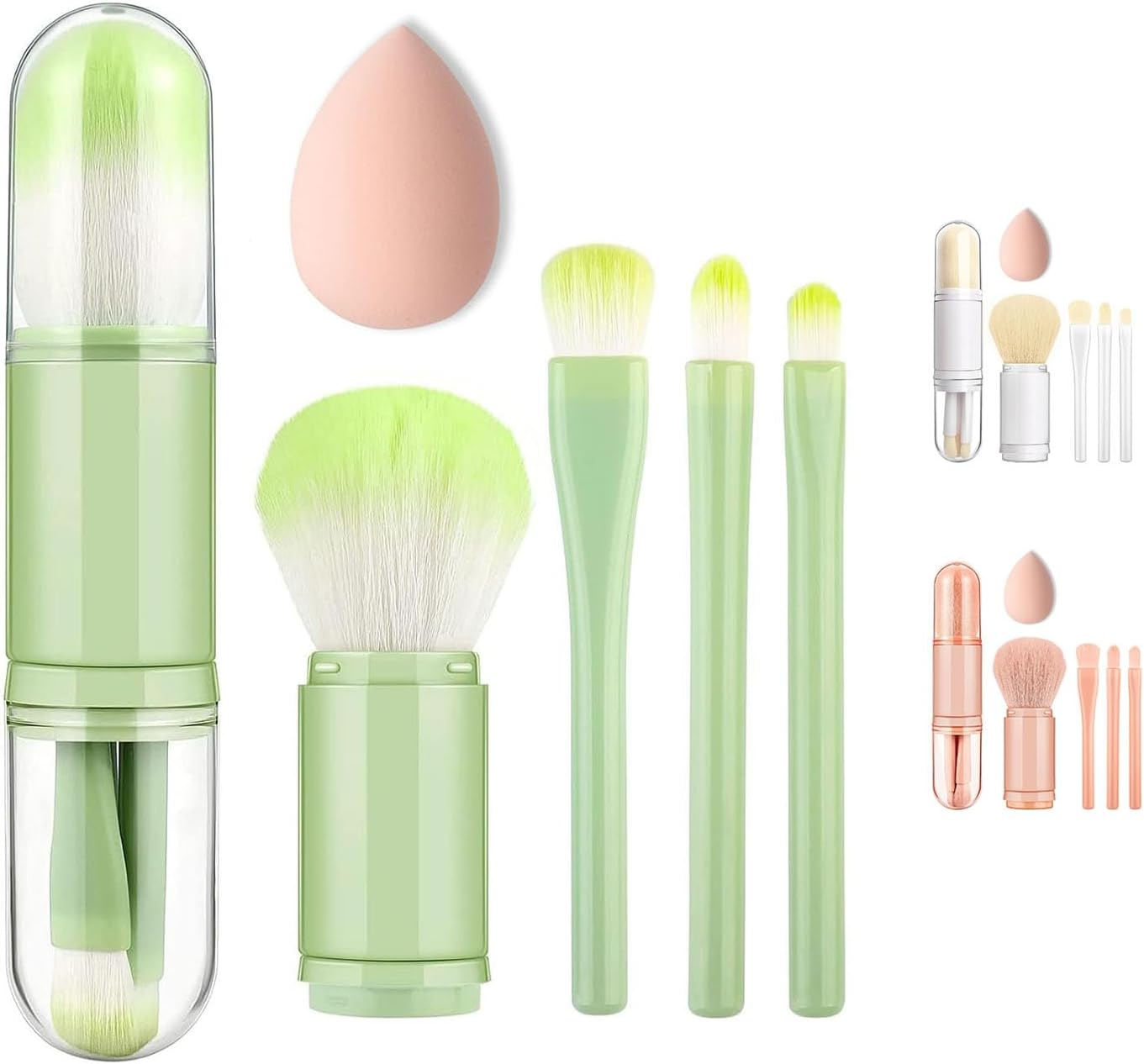 Travel Makeup Brush Set with Case, 4 in 1 Mini Cute Makeup Brush Retractable Professional Foundation Blending Powder Eye Shadow Brush for Women Facial Cosmetics Makeup Brush Set(Apricot)