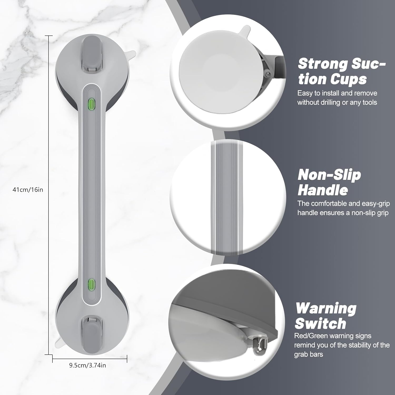 Grab Rail Shower Grab Bars for Seniors, 2 X 16 Inch Grab Rail with Suction Cup for Elderly, Mobile Bathroom Grab Handle, Non-Slip Suction Cup for Bathroom, Toilet, No Drilling, Shower Grab image number 2