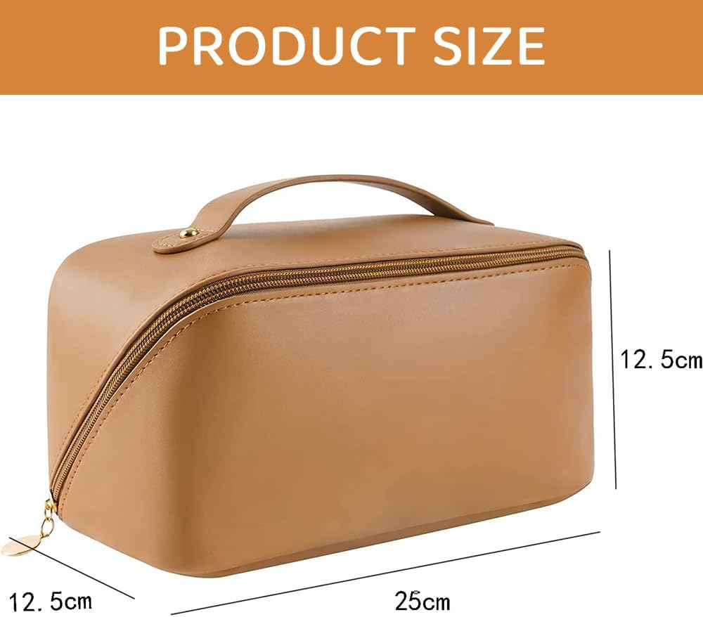 RUTREZOGO Large Capacity Travel Cosmetic Bag &ndash; Waterproof PU Leather Makeup Bag with Handle and Divider, Multifunctional Portable Storage for Skincare, Toiletries, and Cosmetics (Coffee) image number 4