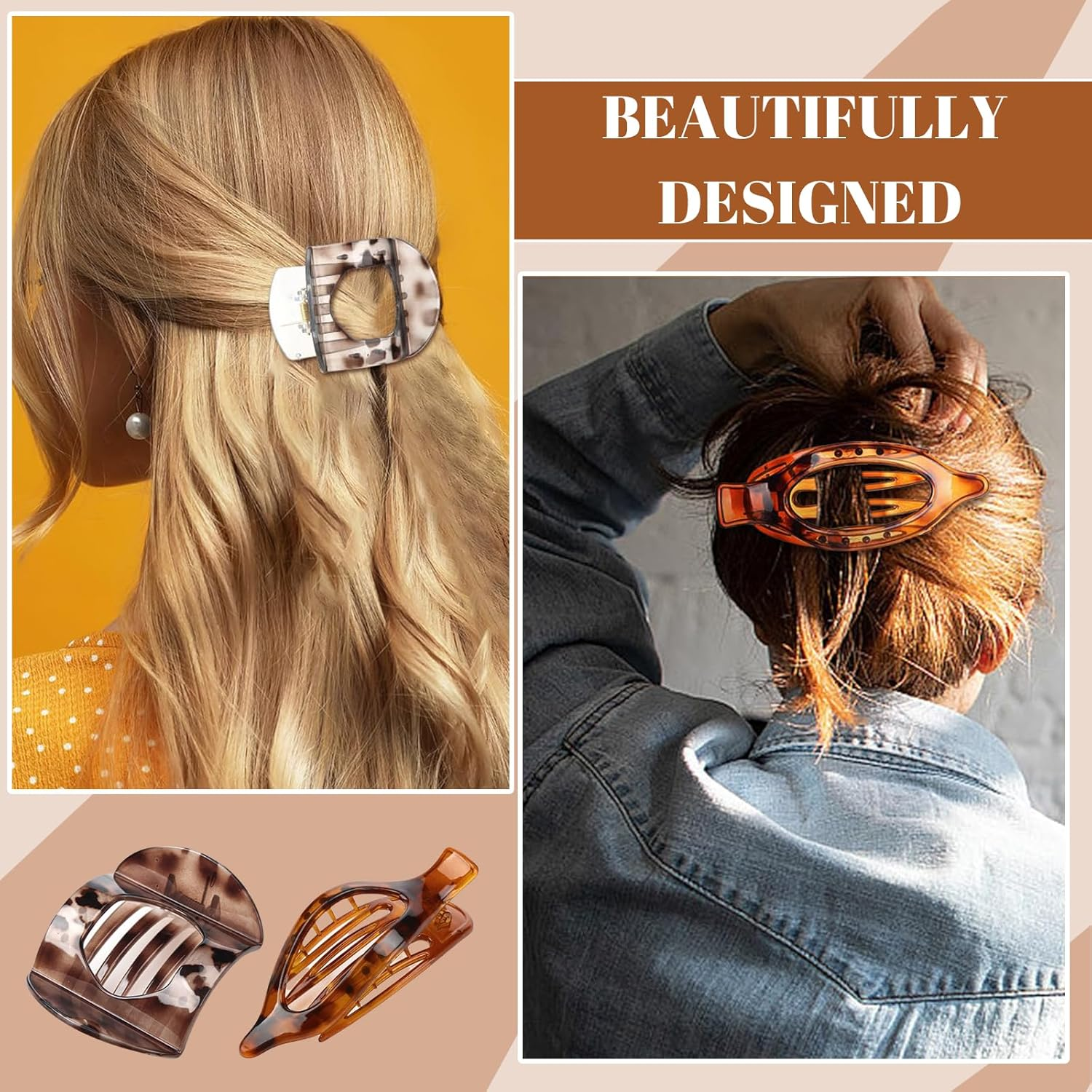 Charmburst Pack of 8 Hair Clips, 2 Styles French Flat Claw Clips, Tortoiseshell Pattern Hair Clips, French, Large Hair Clips for Thick and Thin Hair image number 5