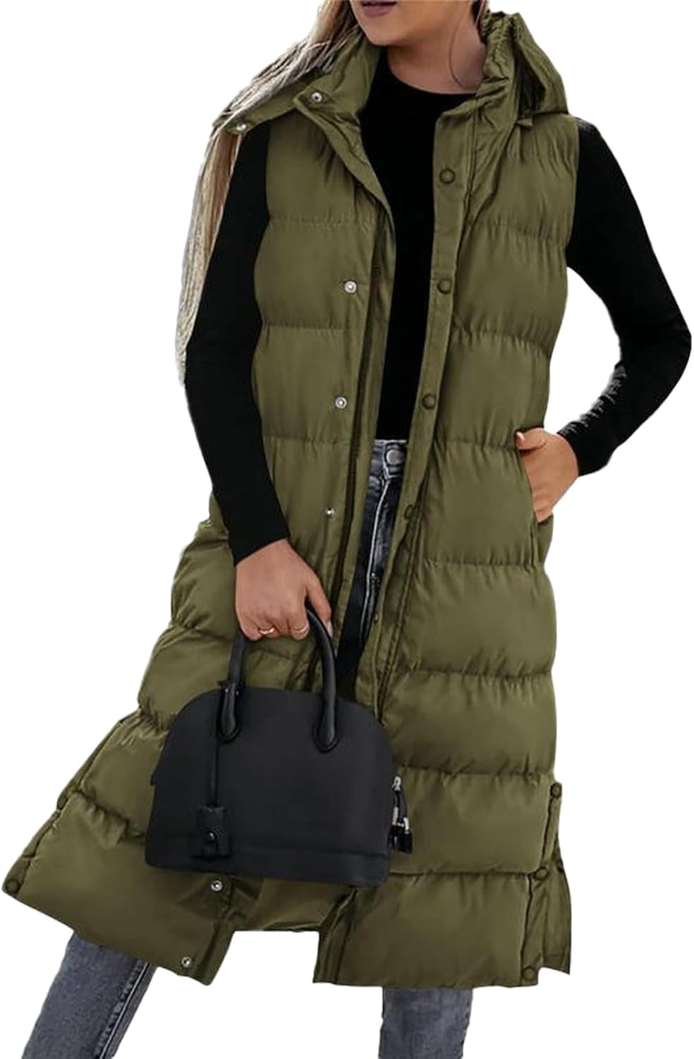 Long Puffer Vest Women, 2025 Hooded Button down Quilted Vest Women, Fashionable Versatile, Lightweight Puffy