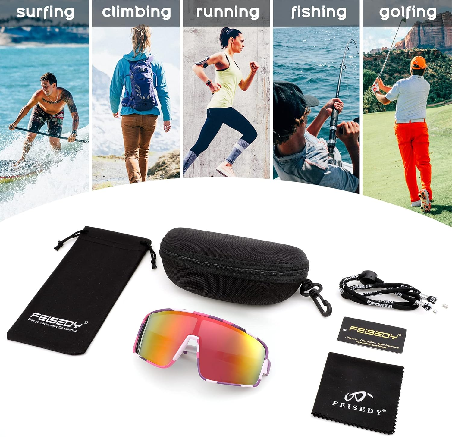 FEISEDY Sports Sunglasses Polarized Oversized Shield for Women Men Youth Baseball Cycling Running Outdoor Visor B2988 - Pink Camouflage Frame - Purple Mirrored Lens image number 3