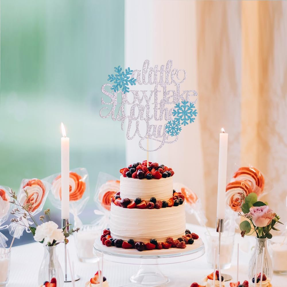 A Little Snowflake Is on the Way Cake Topper, Winter Wonderland Baby Shower Cake Decor,Snowflake Birthday Cake Toppers, Gender Reveal/Boy Girl Winter Birthday Party Decoration Supplies
