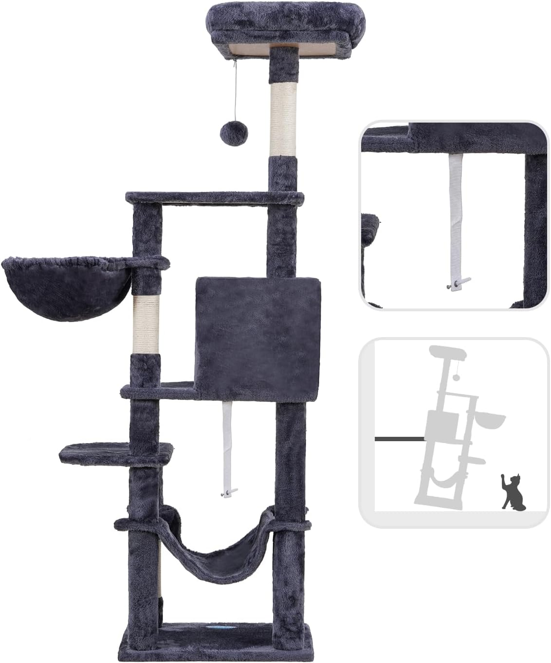 Hey-Brother Cat Tree with Large Hammock, Multi-Level Cat Tower for Indoor Cats, Cat Condo with Sisal-Covered Scratching Posts and Top Perch, Smoky Gray MPJ050G image number 5