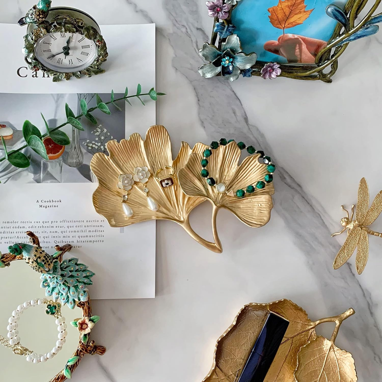 Metal Jewelry Dish, Small Leaf Shaped Ring Holder Jewelry Organizer, Trinket Dish Vanity Tray for Dresser Christmas Birthday Wedding Gifts 2-Tier Ginkgo(Large)-Gold image number 6