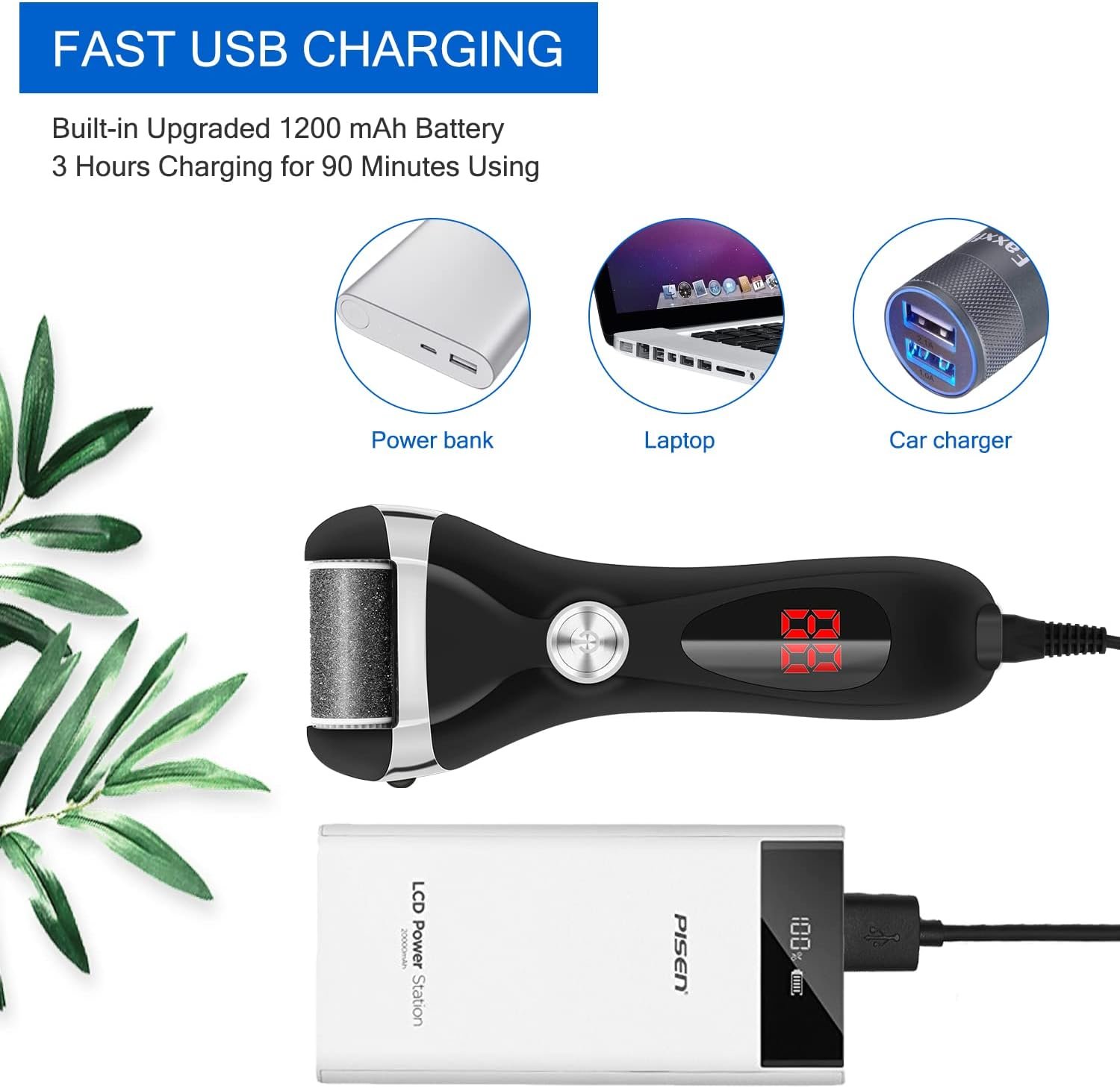 Electric Foot Callus Remover Kit, Elmchee Rechargeable Pedicure Tools Foot Care Feet File with 3 Roller Heads,2 Speed,Battery Display for Remove Cracked Heels Calluses and Dead Skin(Black) image number 1