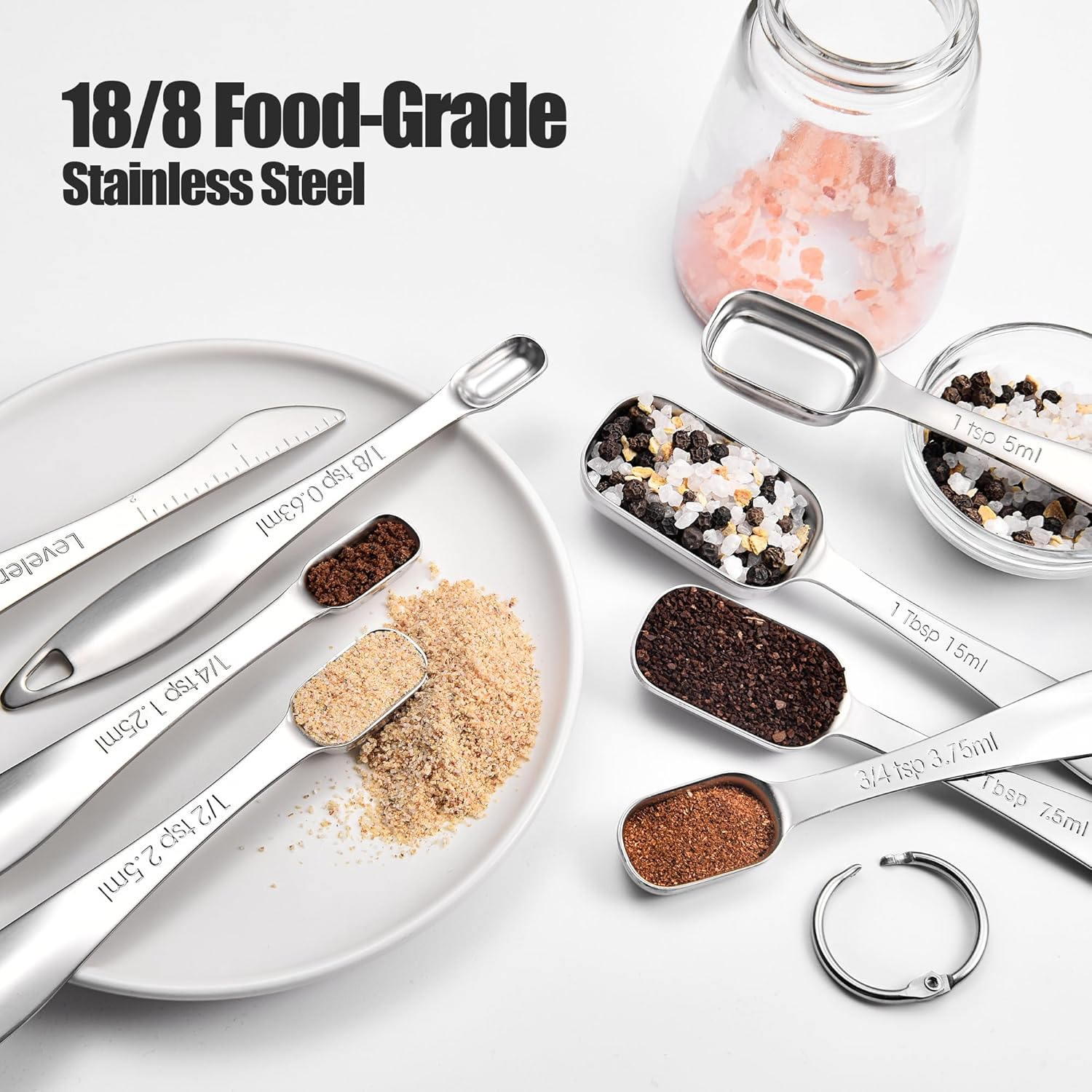 18/8 Stainless Steel Measuring Spoons: Doosu Heavy Duty Rectangular Spoon Square Teaspoon Tablespoon Scoop with Slim Long Handle in Narrow Spice Jar for Kitchen Baking Cooking (Set of 8 with Leveler) image number 5