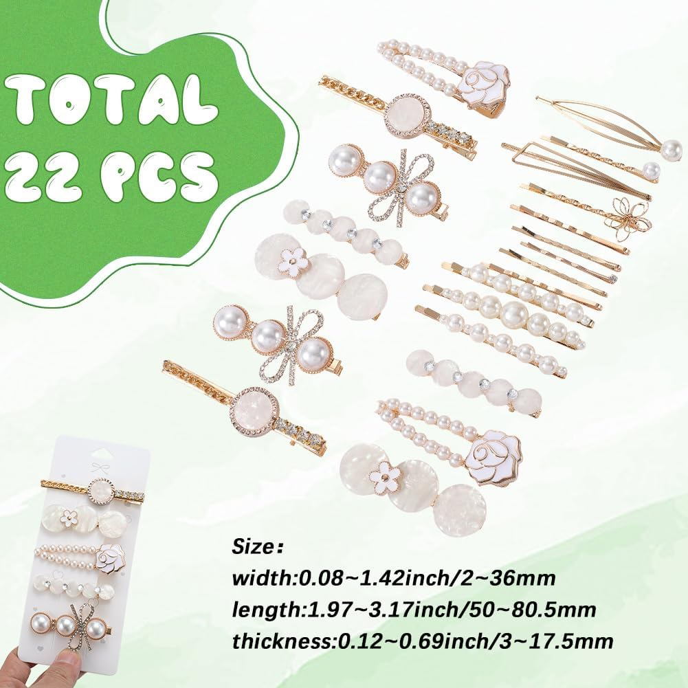 SOFPLATE 22Pcs 4 Styles White Pearl Hair Barrette Bobby Pin Hair Clips Elegant Alloy Gold Flower Leaf Triangle Decorative Headwear Accessories Kit for Long Short Wedding Party Hairstyle DIY Decoration image number 5