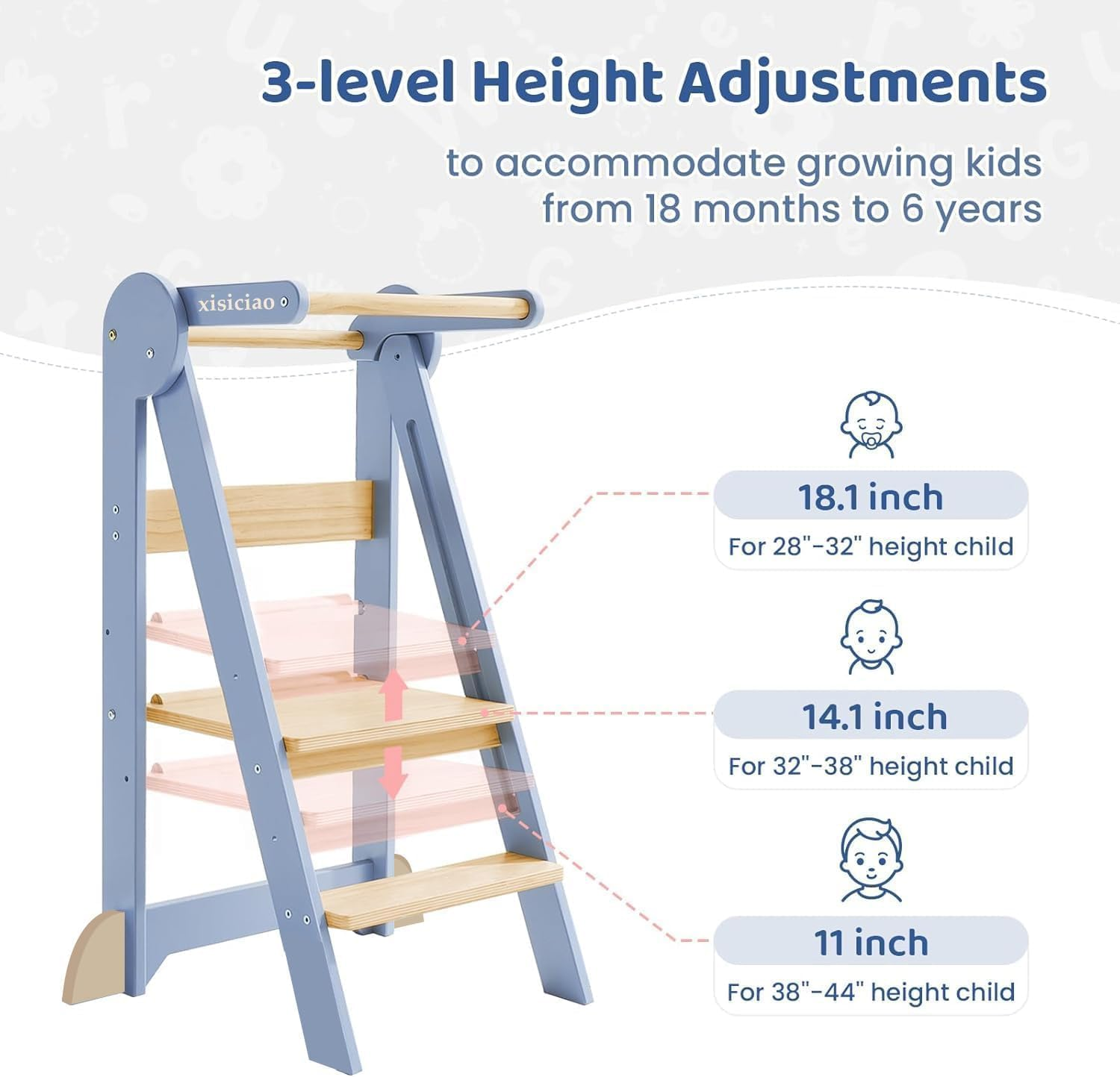 Forubar Learning Tower Toddler Tower, Foldable Learning Tower, Kids Step Stool with Adjustable Height, Kids Montessori Kitchen Bedroom Helper with Safety Rail (Grey) - Grey image number 3