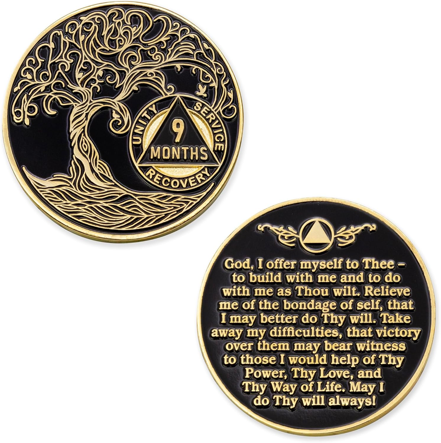 9 Months Sobriety Mint Twisted Tree of Life Gold Plated AA Recovery Medallion/Chip/Token - Black image number 4