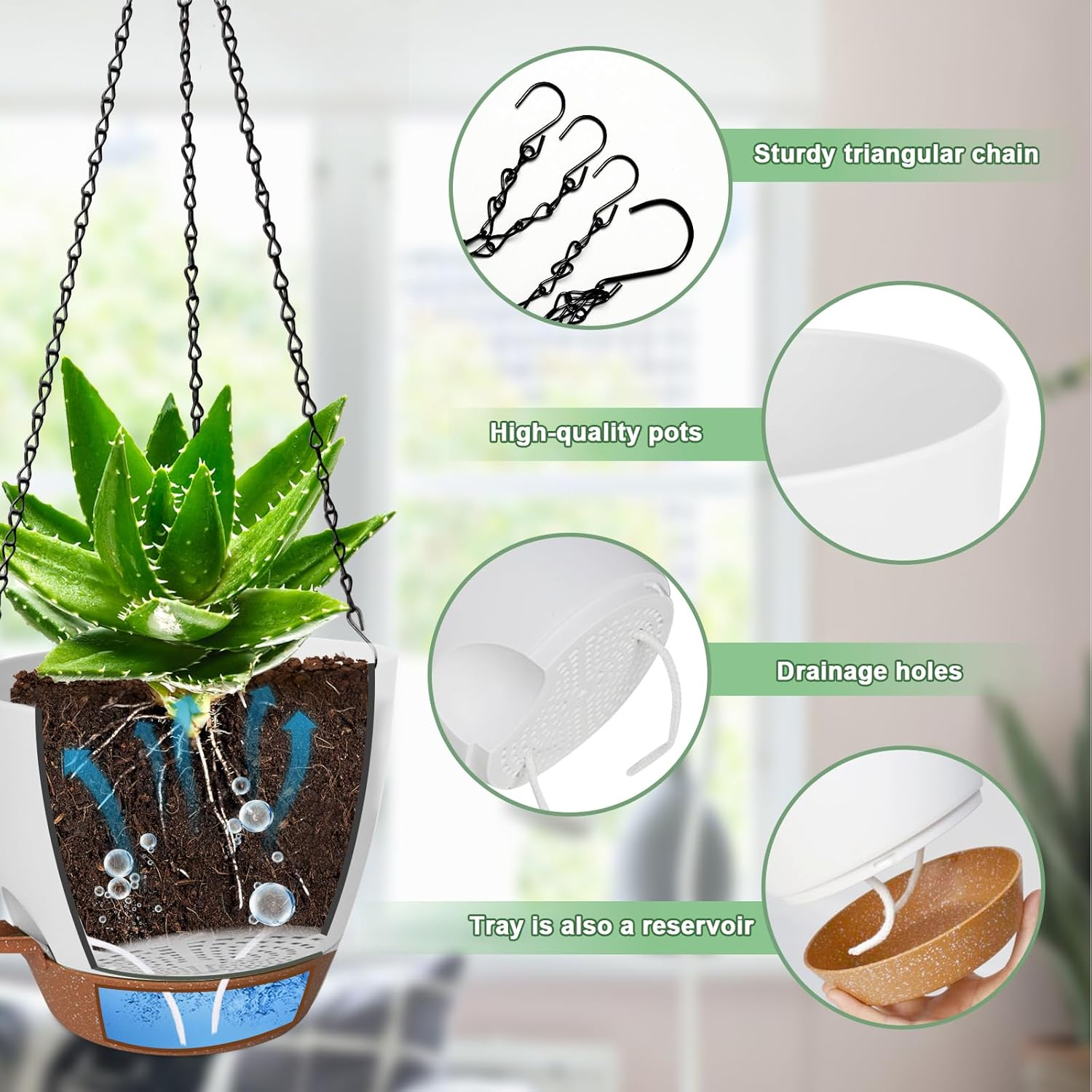 10/9/8 Inch Hanging Planter for Indoor Outdoor Plants, 3 Pack Self-Watering Hanging Pot with Drainage Holes Hanging Planter Baskets Plant Pots with Removable Tray (White+Brown) image number 2