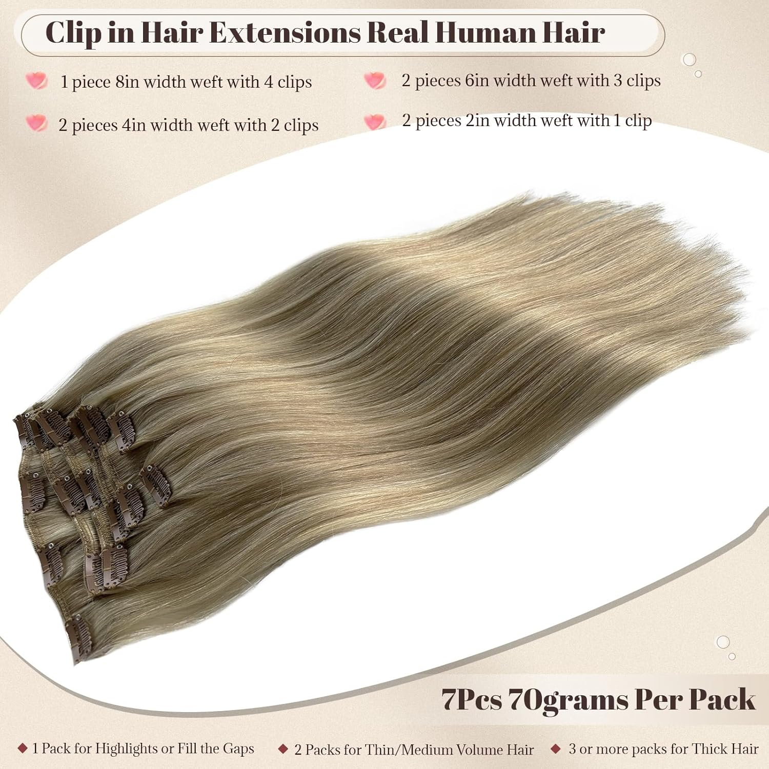 Hair Extensions Clip Ins Remy Human Hair Beige Blonde with Bleach Blonde Clip in Human Hair Extensions for Women 70Grams(18/613, 15") image number 2