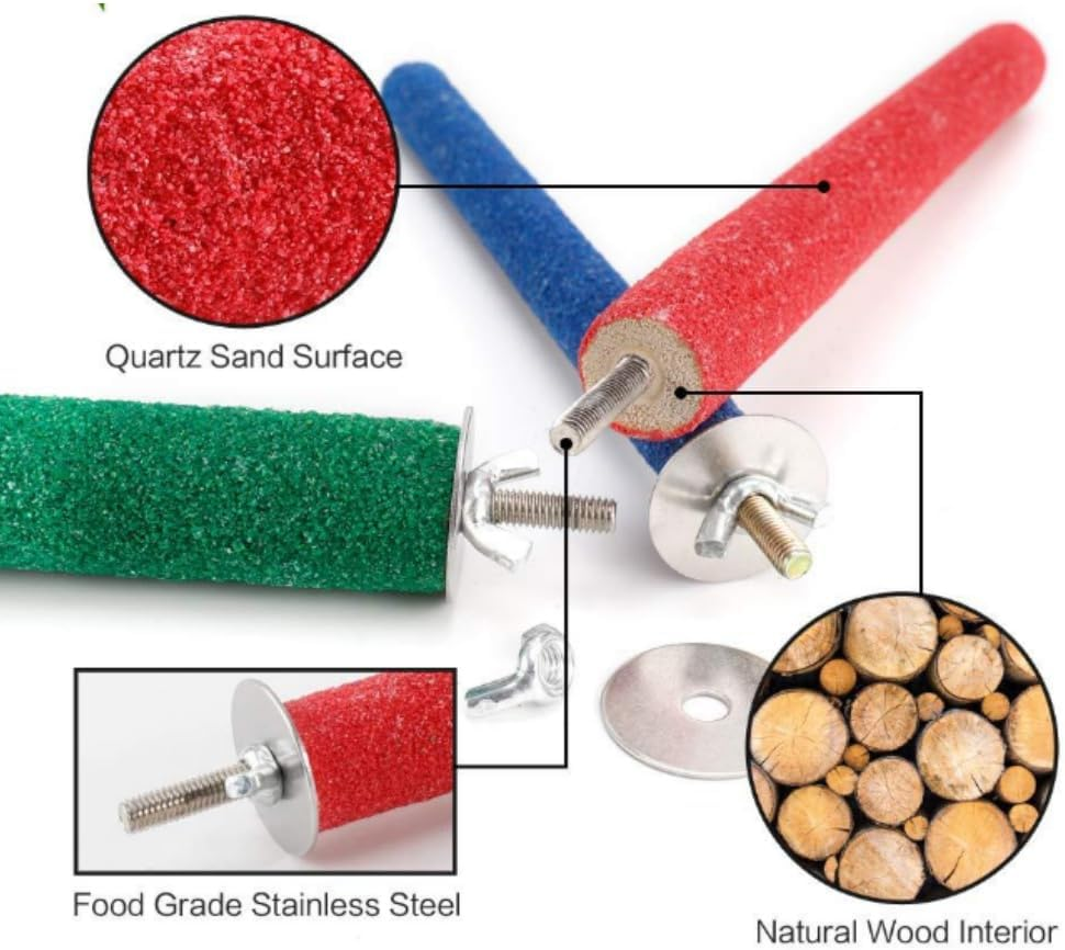 Jindizi 6 PCS Parrot Stand Toy Platform Paw Grinding Stick, 3 Kinds of Length Random Colors, Parrot Perch Stand Toy, Quartz Sand Covered Wood Sticks Platform, Parakeet Toys Sticks image number 4