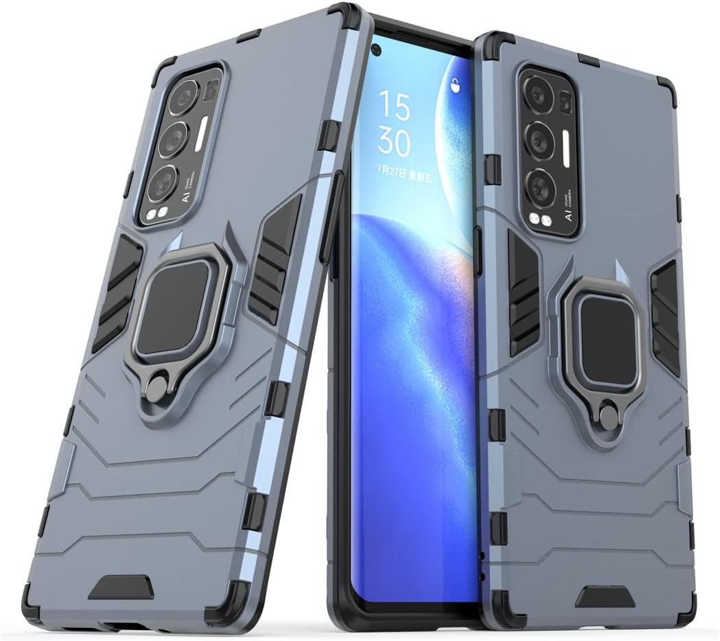 Compatible with Oppo Reno 5 Pro plus 5G Case, Metal Ring Grip Kickstand Shockproof Hard Bumper (Works with Magnetic Car Mount) Dual Layer Rugged Cover (Black)