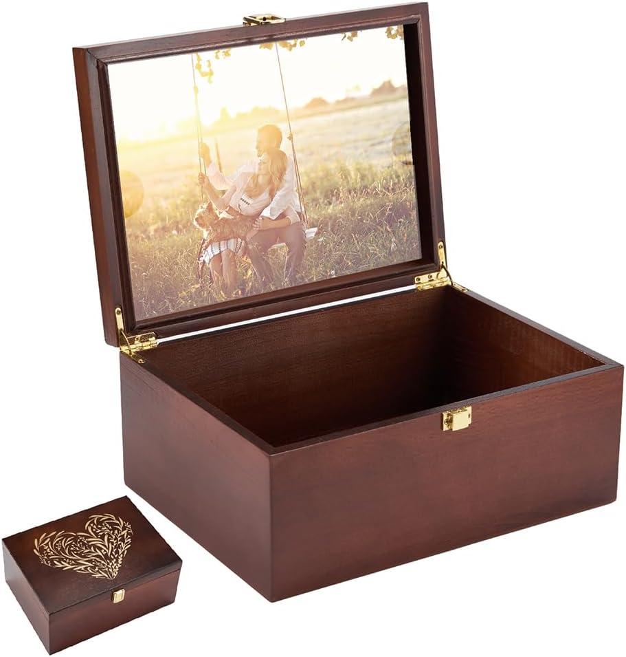 Larger Wooden Memory Keepsake Boxes with Hinged Lids and a Photo Frame inside the Lid - Decorative Storage Box with a Hinge Lids for Picture Letter Time Capsule - Wooden Gift Boxes，5.3&ldquo;*8.6&rdquo;*11.7&ldquo;