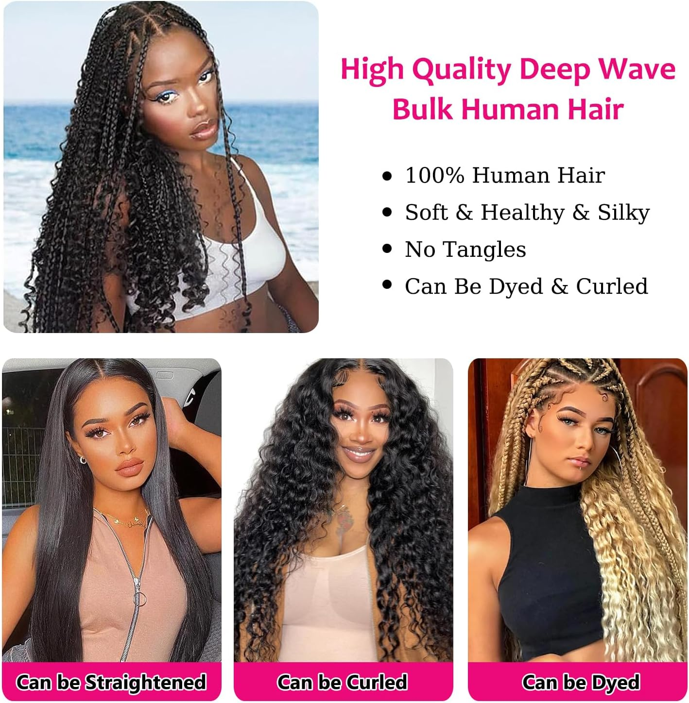 Deep Wave Bulk Human Hair for Boho Braids Human Braiding Hair for Micro Braid 100% No Weft Brazilian Virgin Curly Human Hair Extensions for Boho Braids (Deep Wave 1B#, 18Inch 100G(50Gx2Bundles))