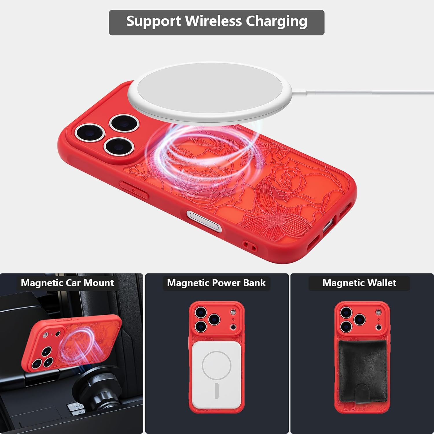 XIZYO Magnetic Case for Iphone 17 Pro Max, Compatible with Magsafe, Transparent Matt, Rose Floral Pattern, Shockproof Mobile Phone Case, Soft TPU Bumper Protective Case, Red image number 1