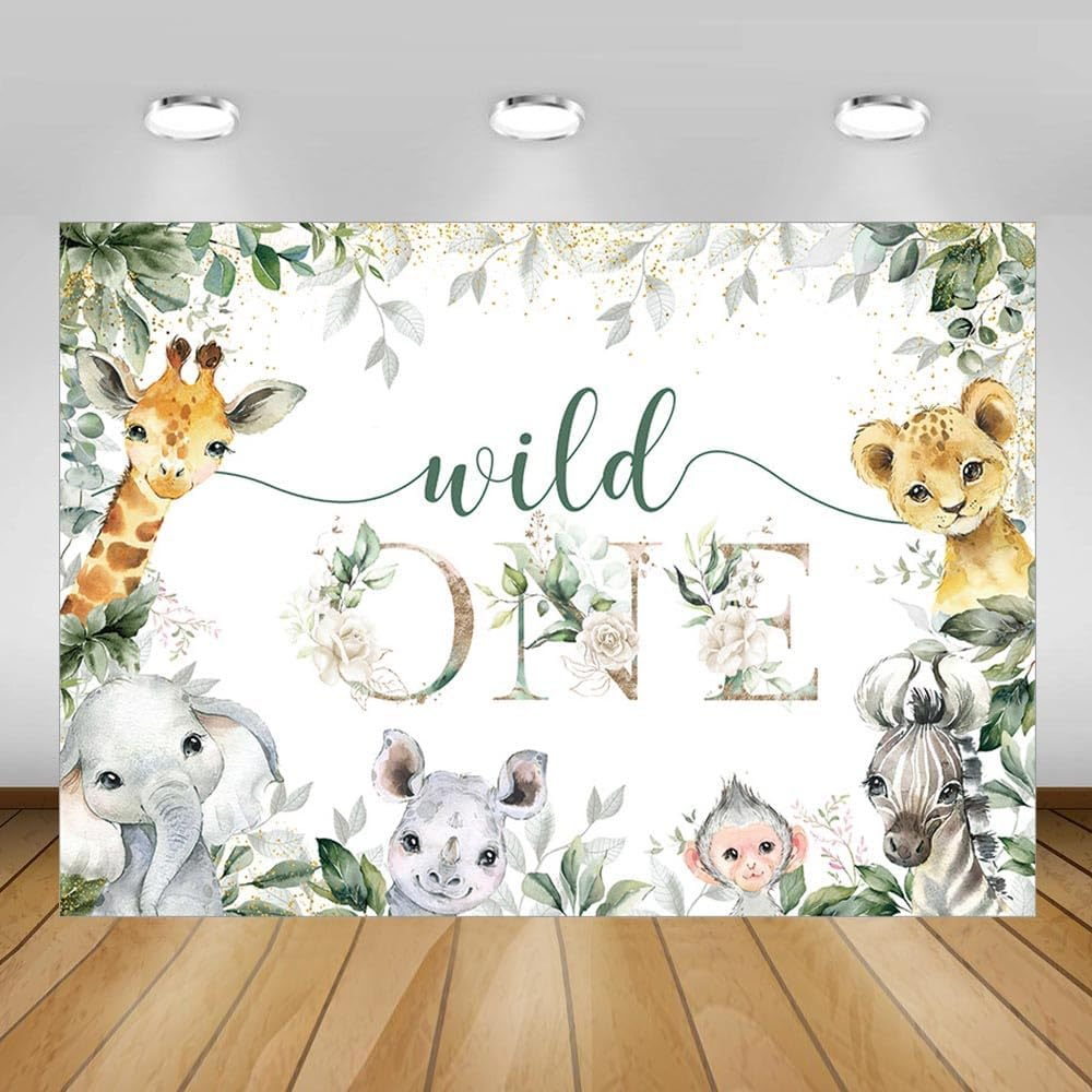 MEHOFOND Boys Girls 1St Birthday Backdrop Cute Wild Animal Eucalyptus Leaves Flowers Photography Backdrop Cake Smash Birthday Party Decoration Banner image number 2
