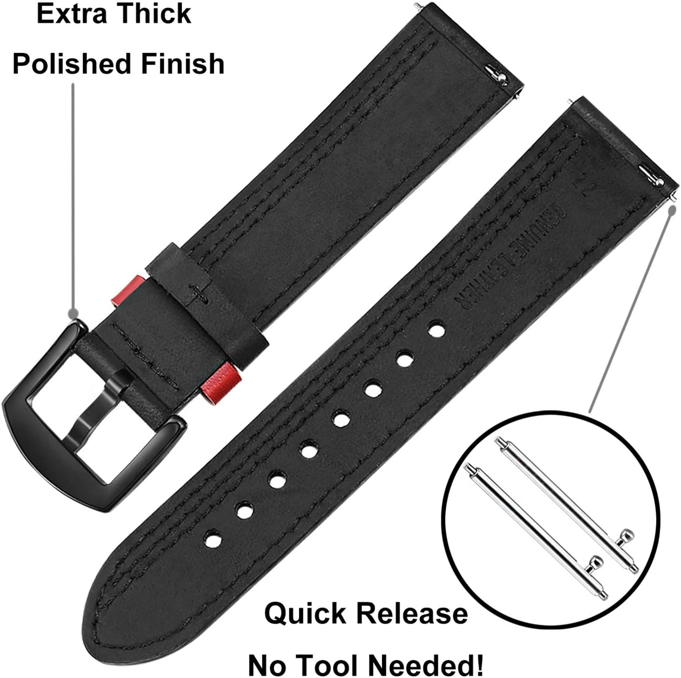 Trumirr Replacement for Amazfit Balance/Amazfit Bip 5/Amazfit GTR 4/GTR 2E Leather Strap, 22 Mm Double Colour Genuine Leather Watch Strap Sports Replacement Strap for Amazfit GTR 2E/Gtr 47 Mm/Amazfit - Black image number 6