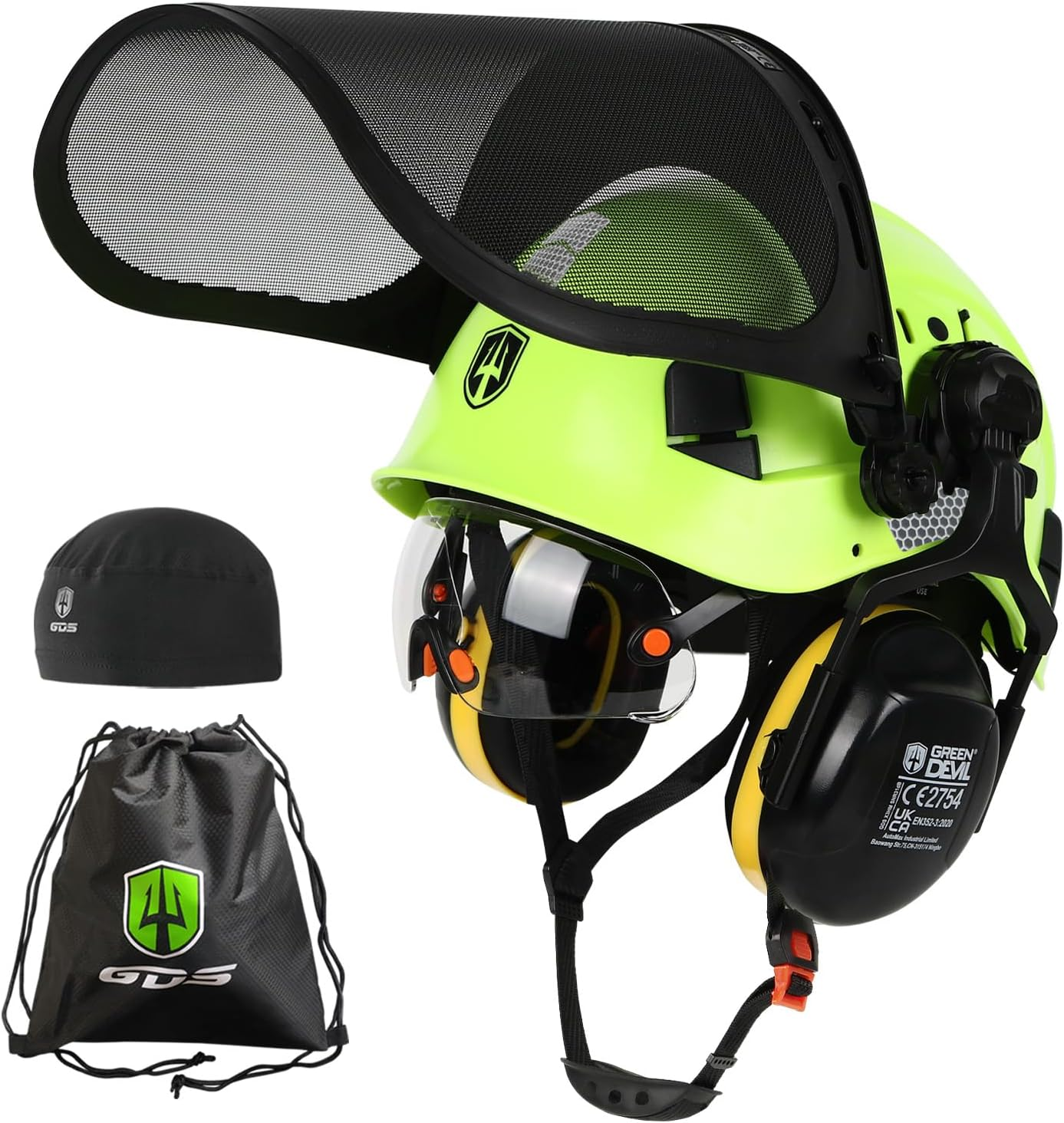 GREEN DEVIL Forestry Chainsaw Safety Helmet EN397 Certified - 5-In-1 System with Mesh Face Protection, Built-In Visor & Earmuffs - Ventilated, for Logging and Gardening - Unisex