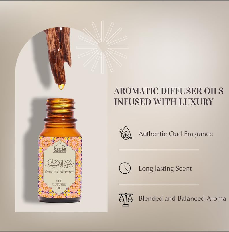 Dukhni Oud Al Ibtisam Diffuser Oil Blend | 3 X 10Ml Arabic Oil for Diffuser & Humidifier | 100% Pure Halal Oils | Relax with Home Aromatherapy, for Stress Relief, Massage & Candle Making image number 6