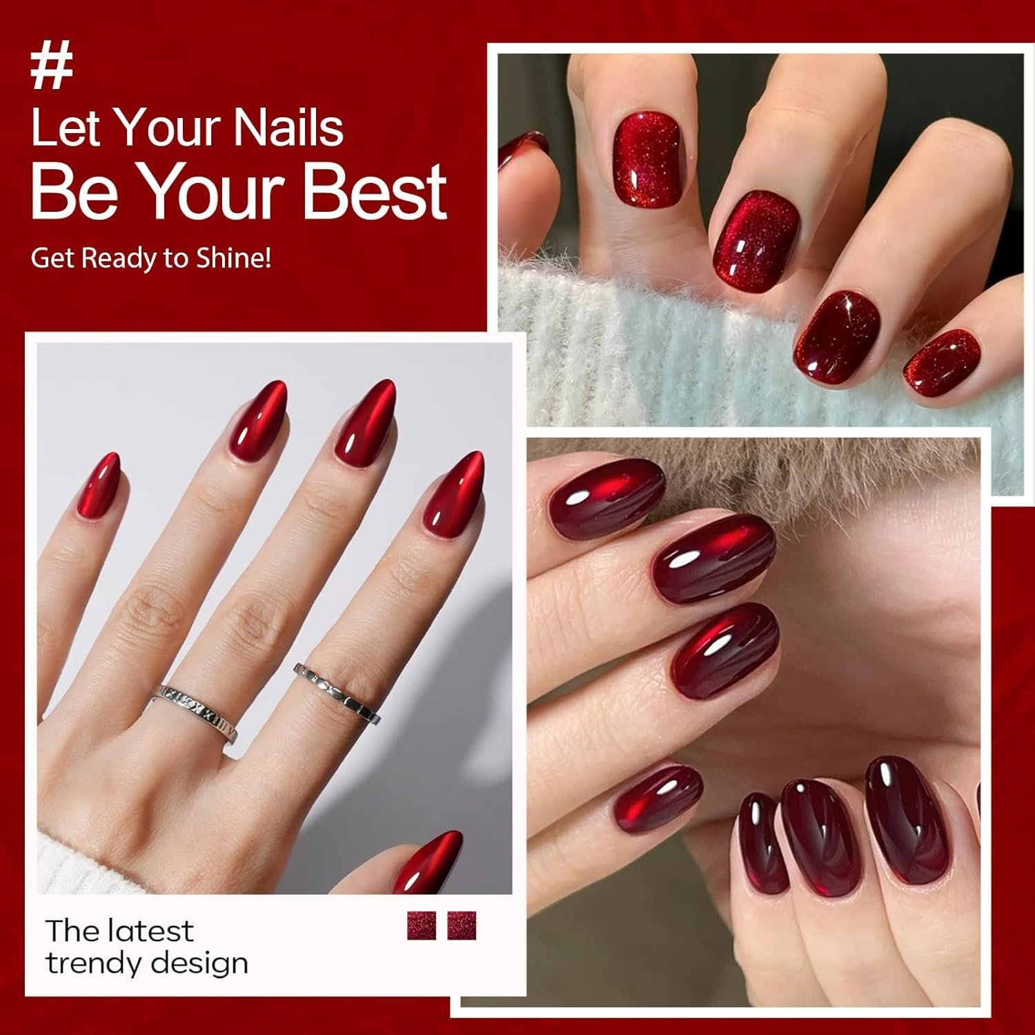 Modelones Cat Eye Gel Nail Polish,15 ML Glitter Red Gel Polish Magnetic Gel Burgundy Red Sparkle Bloody Nail Polish Reflective Translucent UV Ge Art DIY Salon for Girl Women