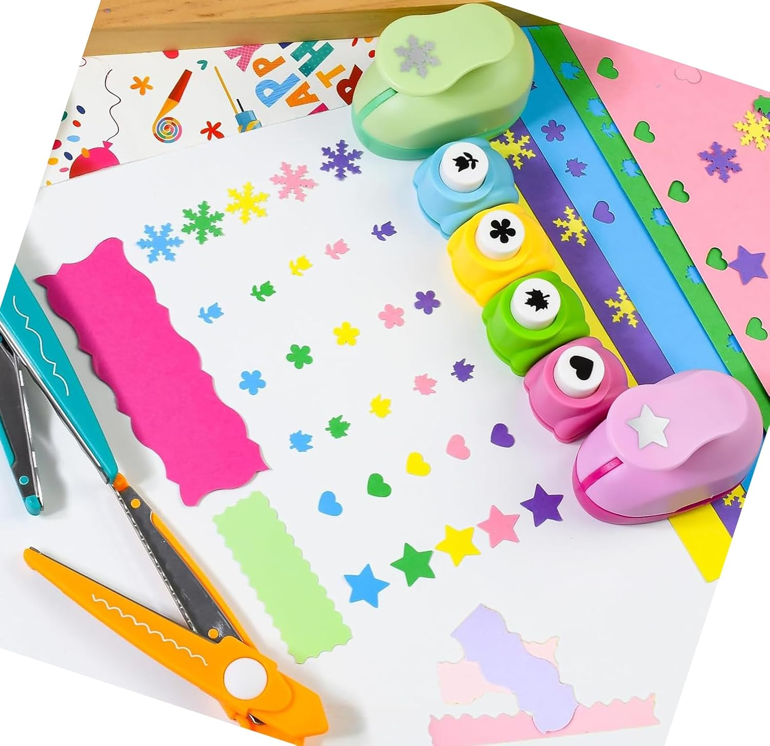 Yeanifeana Creative Kids DIY Puncher Craft Set, Kids DIY Craft Hole Punch Shapes Set, Leaf, Butterfly, Star, Heart, Flower Punch Cutters (Pink)