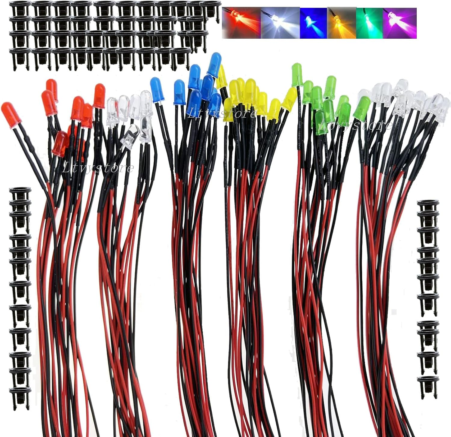 5MM 3Volt Prewired LED Diode 6 Colors LED Lamp Light Bulb Emitting Diodes + 5MM LED Clip Holder Panel Mount Black
