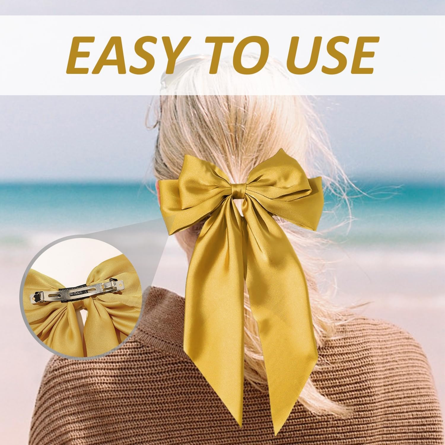 1 Piece Long Streamer Hair Pin with 1 Piece Hair Ring and 2 Hair Pins with Ribbon Hair Accessories with Bow Plain French Hairpin Simple and Versatile Hair Pin (Yellow) image number 3