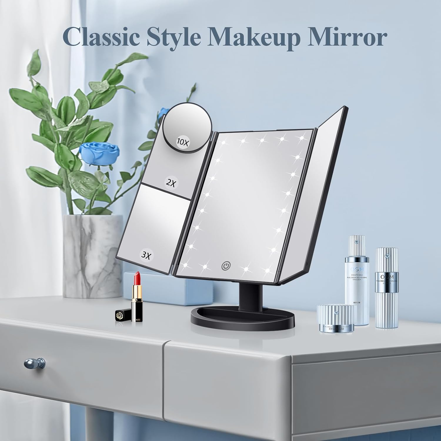 HUONUL Makeup Mirror Vanity with Lights, 2X 3X 10X Magnification, Lighted Mirror, Touch Control, Trifold Dual Power Supply, Portable LED Women Gift (Black) (SM241D-DL) image number 1