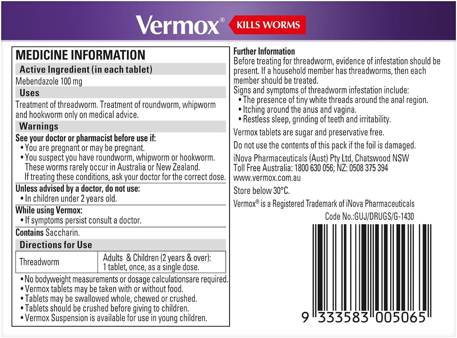 Vermox Worm Treatment 100 Mg 6 Tablets image number 3