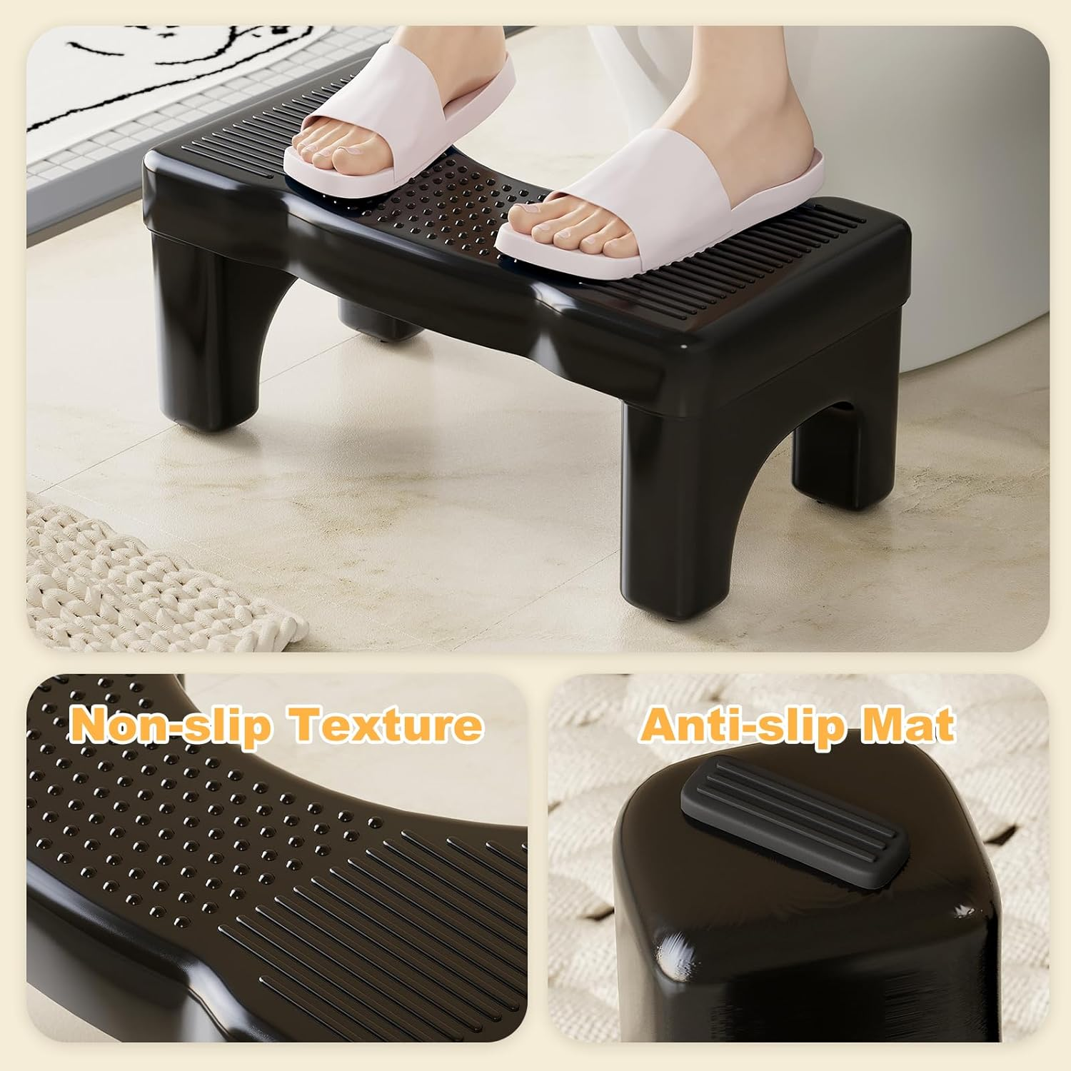 Black Toilet Stool Squat Adult, 7" Squatting Poop Stool for Toilets, Bathroom Foot Rest Stools for Pooping, Potty Toilet Step Stool for Toddlers & Adults, Non-Slip Pads image number 3