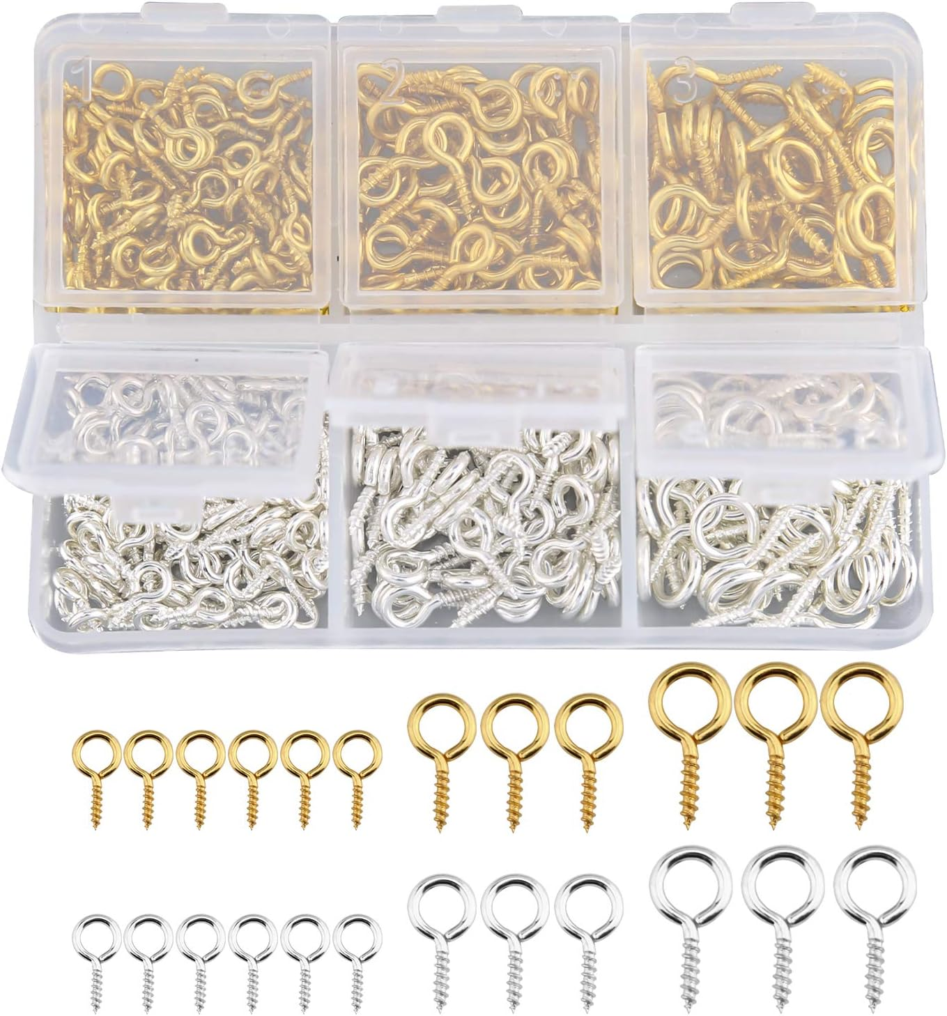 TOYMIS 400Pcs Screw Mini Metal Small Eye Pin Pendants for DIY Art&Crafts, Jewelry Making Findings, Charm Bead Supplies (Gold&Platinum, 3 Different Sizes)