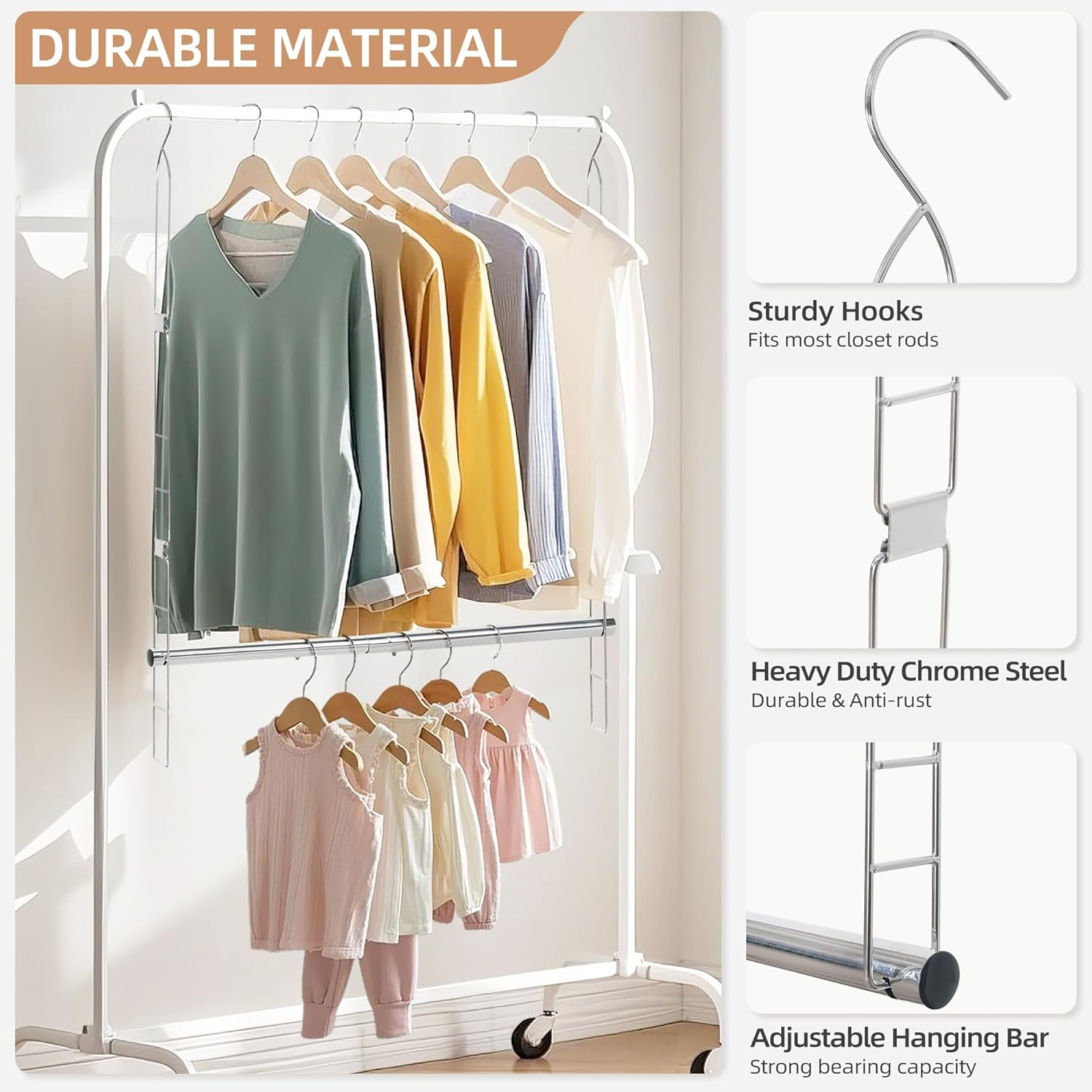 STORAGE MANIAC Hanging Closet Rod, Adjustable Width and Height Closet Hanging Organizer, Space-Saving Clothes Hanging Bar, Closet Extender Hanging Rod Double Closet Hanging Rod, 1 Pack Chrome image number 6