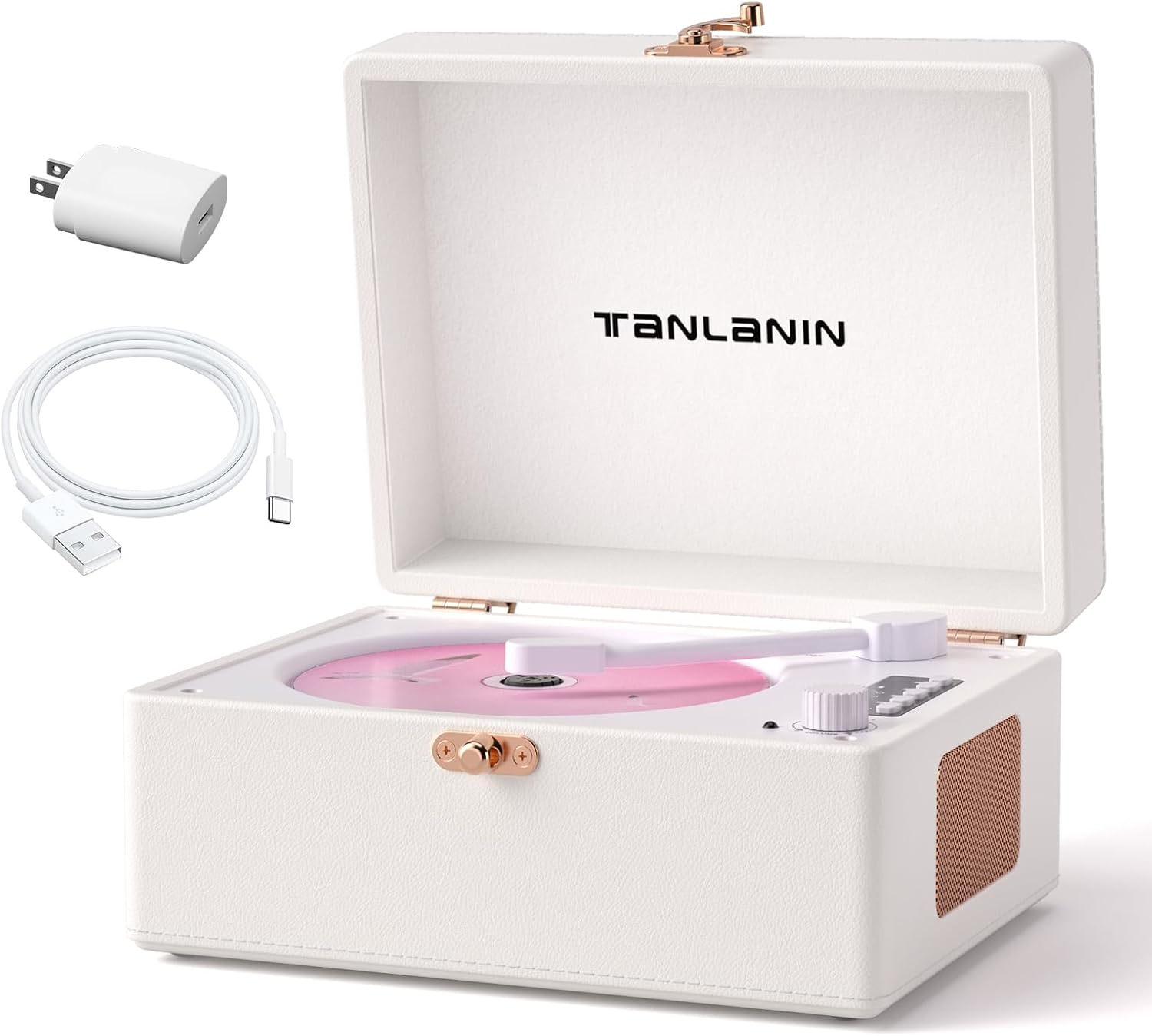 Vintage Desktop CD Player with Speakers, Rechargeable Battery, Portable Retro Suitcase CD Player for Home with Bluetooth Out & Input, USB Playback, Aux-In, Headphone Jack, White image number 4